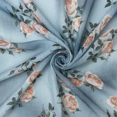 Blue Linen Floral Digital Print Border Fabric