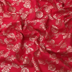 Magenta Dola Jacquard Golden Zari Floral Sequins Embroidery With Gota Work Border Fabric