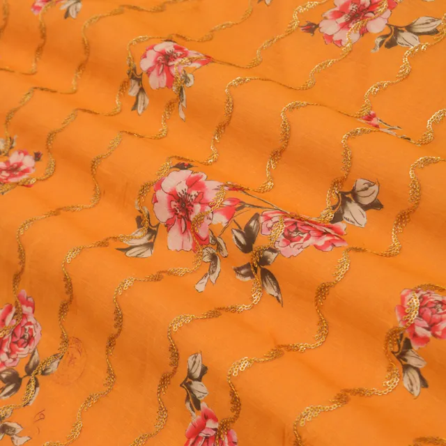 Butter Yellow Chanderi Floral Digital Print With Sequins Embroidery Fabric