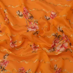 Butter Yellow Chanderi Floral Digital Print With Sequins Embroidery Fabric