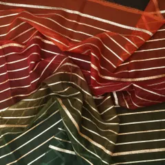 Fire Orange , Red & Moss Green Organza Stripe Gota Work Fabric