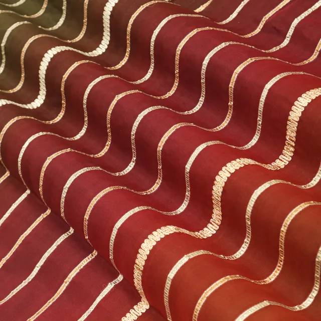 Fire Orange , Red & Moss Green Organza Stripe Gota Work Fabric