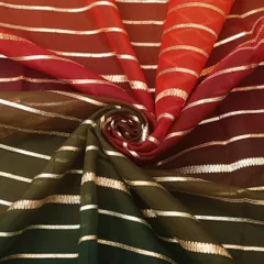 Fire Orange , Red & Moss Green Organza Stripe Gota Work Fabric