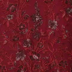 Wine Red Heavy Floral Net Embroidery