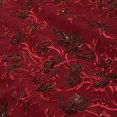 Wine Red Heavy Floral Net Embroidery