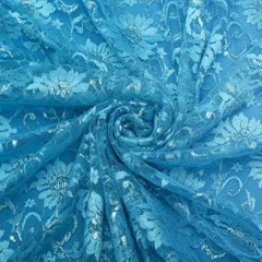 Sky Blue Floral Chantilly Net Fabric