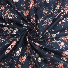 Navy Blue Muslin Digital Floral Print Sequins Embroidery Fabric