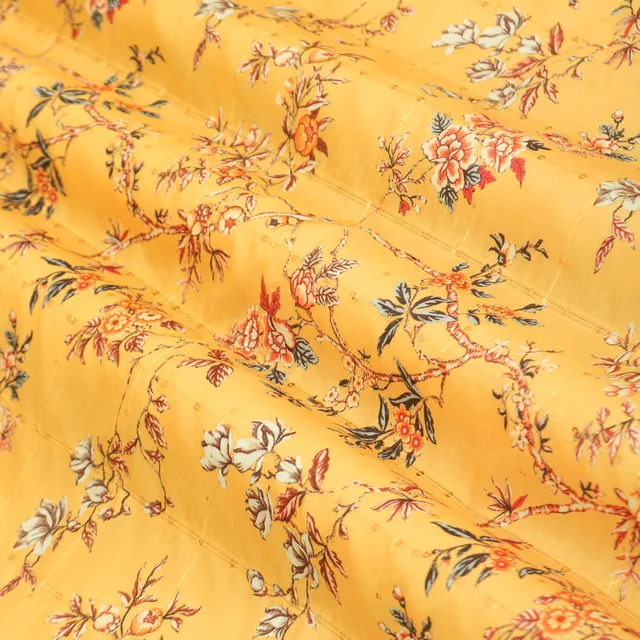 Bright Yellow Muslin Digital Floral Print Sequins Embroidery Fabric