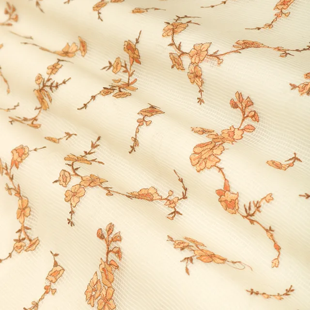 Ecru Kota Floral Print Thread Embroidery Fabric