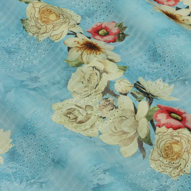 Mulmul Sea Blue Overlay Floral Print Embroidery Fabric