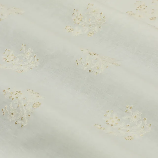 Snow White Cotton Threadwork Dim Golden Sequins Embroidery Fabric