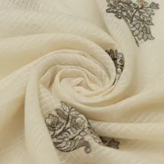 Cream Kota Floral Threadwork Check Fabric