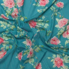 Sky Blue Cotton Overlay Floral Print Embroidery Fabric