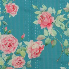 Sky Blue Cotton Overlay Floral Print Embroidery Fabric