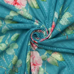 Sky Blue Cotton Overlay Floral Print Embroidery Fabric