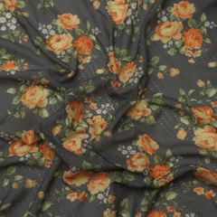 Iron Grey Cotton Overlay Floral Print Embroidery Fabric