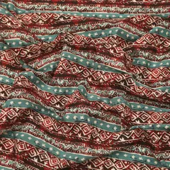 Maroon Red and Blue Ethnic Stripe Print Cotton Fabric