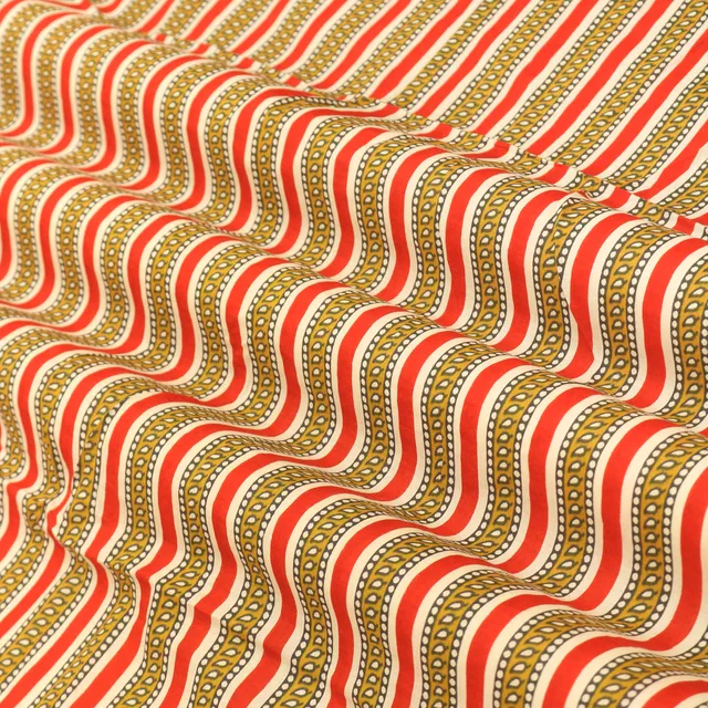 Scarlet Red, White and Mustard Stripe Print Cotton Fabric