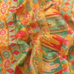 Canary Yellow with Pastel Multicoloured Position Print Embroidery Dupion Silk Fabric