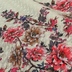 Ivory White and Pink Floral Embroidery Cotton Fabric