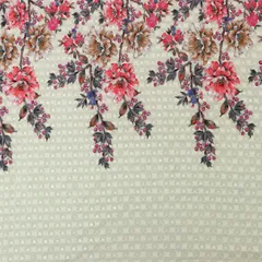 Ivory White and Pink Floral Embroidery Cotton Fabric