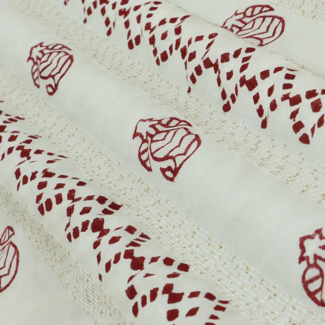 Lace White and Red Motif Print with Embroidery Cotton Fabric