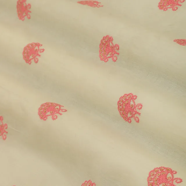 Cream with Pink Floral Embroidery Cotton Fabric