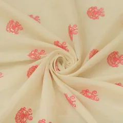 Cream with Pink Floral Embroidery Cotton Fabric