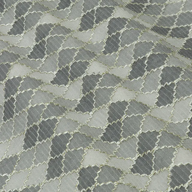 Ash Grey Toned Position Print Embroidery Dupion Silk Fabric