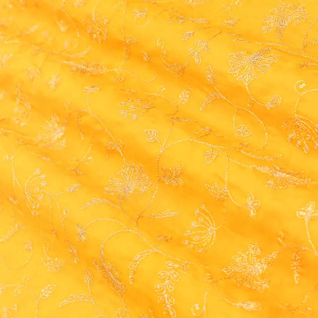 Mustard Yellow Motif Embroidery Chanderi Cotton Fabric