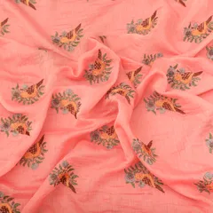 Baby Pink Bird Embroidery Chanderi Cotton Fabric