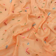 Apricot Chinon Floral Threadwork Sequin Embroidery Fabric