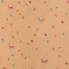 Apricot Chinon Floral Threadwork Sequin Embroidery Fabric