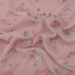 Blush Pink Viscose Organza Floral Threadwork Sequin Embroidery Fabric