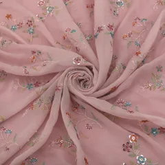 Blush Pink Viscose Organza Floral Threadwork Sequin Embroidery Fabric