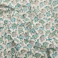 White Cotton Colourful Animal Digital Print Fabric