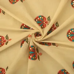 Cream Kora Cotton Floral Mirrorwork Sequin Embroidery Fabric