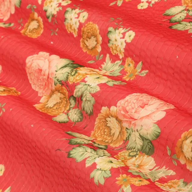 Blood Red Floral Print Georgette Sequins Embroidery Fabric