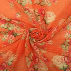 Sunset Orange Floral Print Georgette Sequins Embroidery Fabric