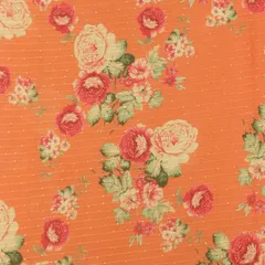 Sunset Orange Floral Print Georgette Sequins Embroidery Fabric