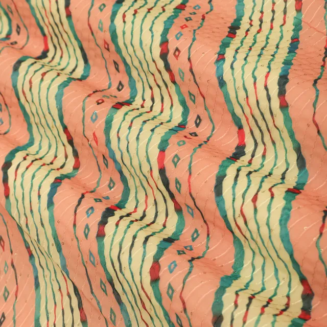 Salmon Pink and White Print Georgette Sequins Embroidery Fabric