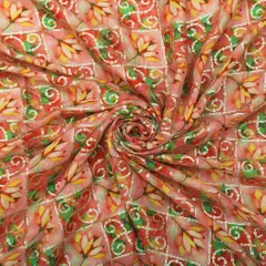 Coral Pink Floral Print Embroidery Chinon Fabric