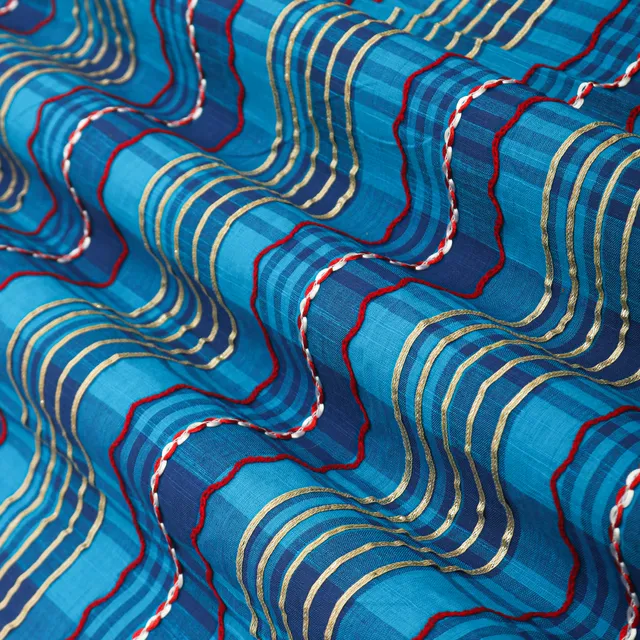 Sapphire Blue Check Print Threadwork Embroidery Linen Cotton Fabric