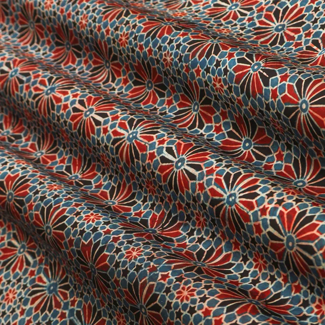 Azure Blue Motif Print Satin Silk Fabric