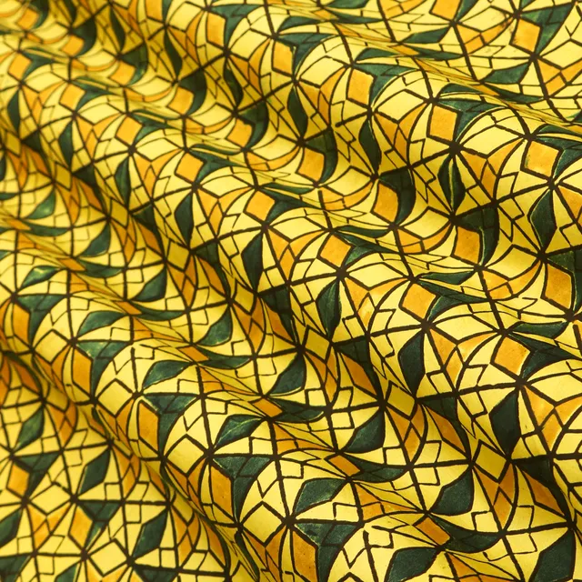 Canary Yellow and Black Abstract Print Satin Silk Fabric