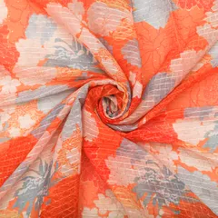 Coral Orange Multicoloured Floral-Print Georgette Sequins Embroidery Fabric