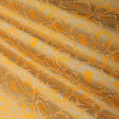 Bright Yellow Satin Brocade Motif Silver Zariwork Fabric
