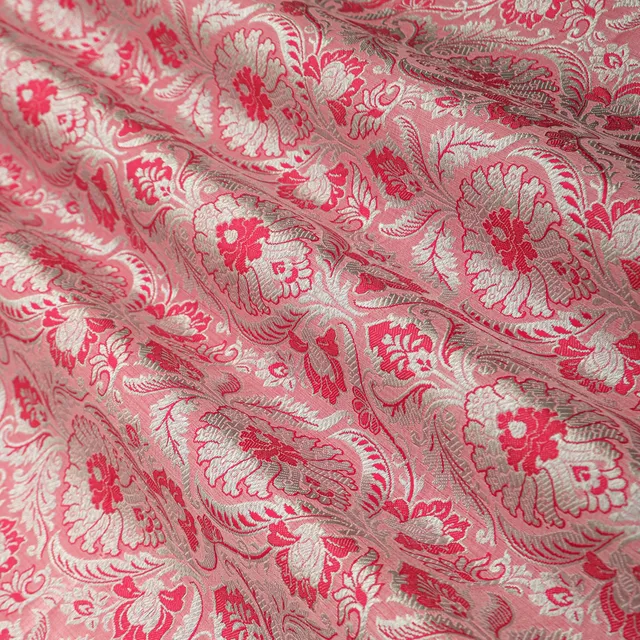 Hot Pink Satin Brocade Motif Silver Zariwork Fabric