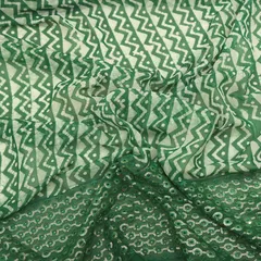Forest Green Georgette Batik Print Border Sequin Embroidery Fabric