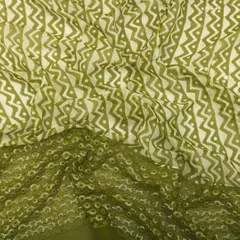 Pear Green Georgette Batik Print Border Sequin Embroidery Fabric